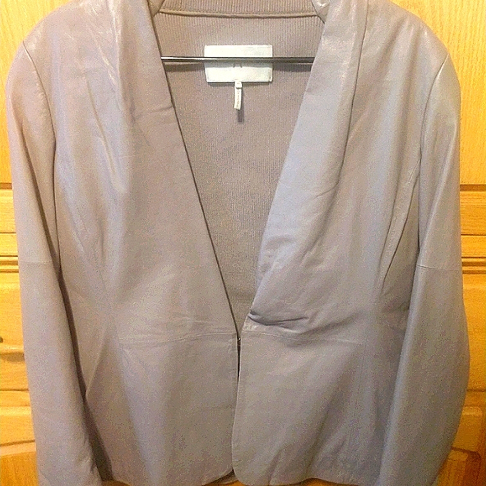 FALL!!HALSTON HERITAGE Sz 10 LEATHER BLAZER / JACKET, TAUPE.  KNIT INSET